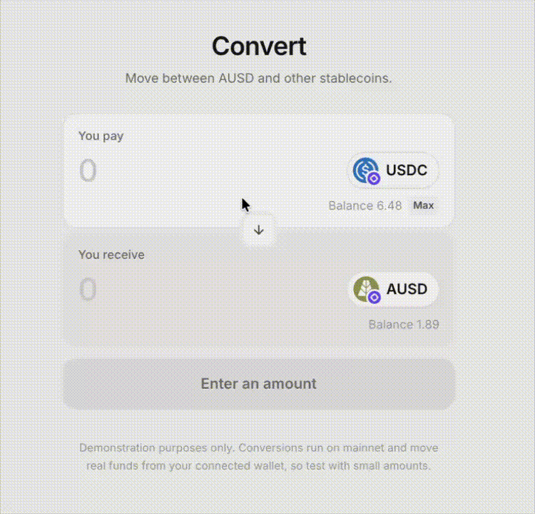 Example conversion of 2 USDC to AUSD on Monad. Your customer enters an amount, receives a quote, approves USDC in their wallet, then confirms the conversion in their wallet until it completes. Your customer’s wallet signs and submits each step directly with the provider’s onchain protocol. Agora does not take part in the transaction.