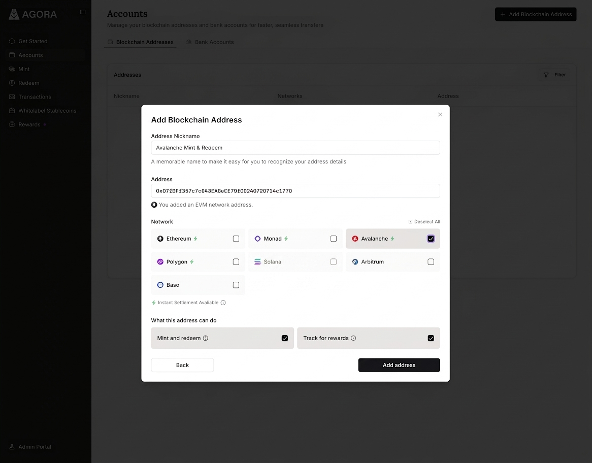 The Add Blockchain Address dialog on the Accounts page of the Agora Platform, with fields for the address nickname, the address, and its networks, and a “What this address can do” section with Mint and redeem and Track for rewards both selected