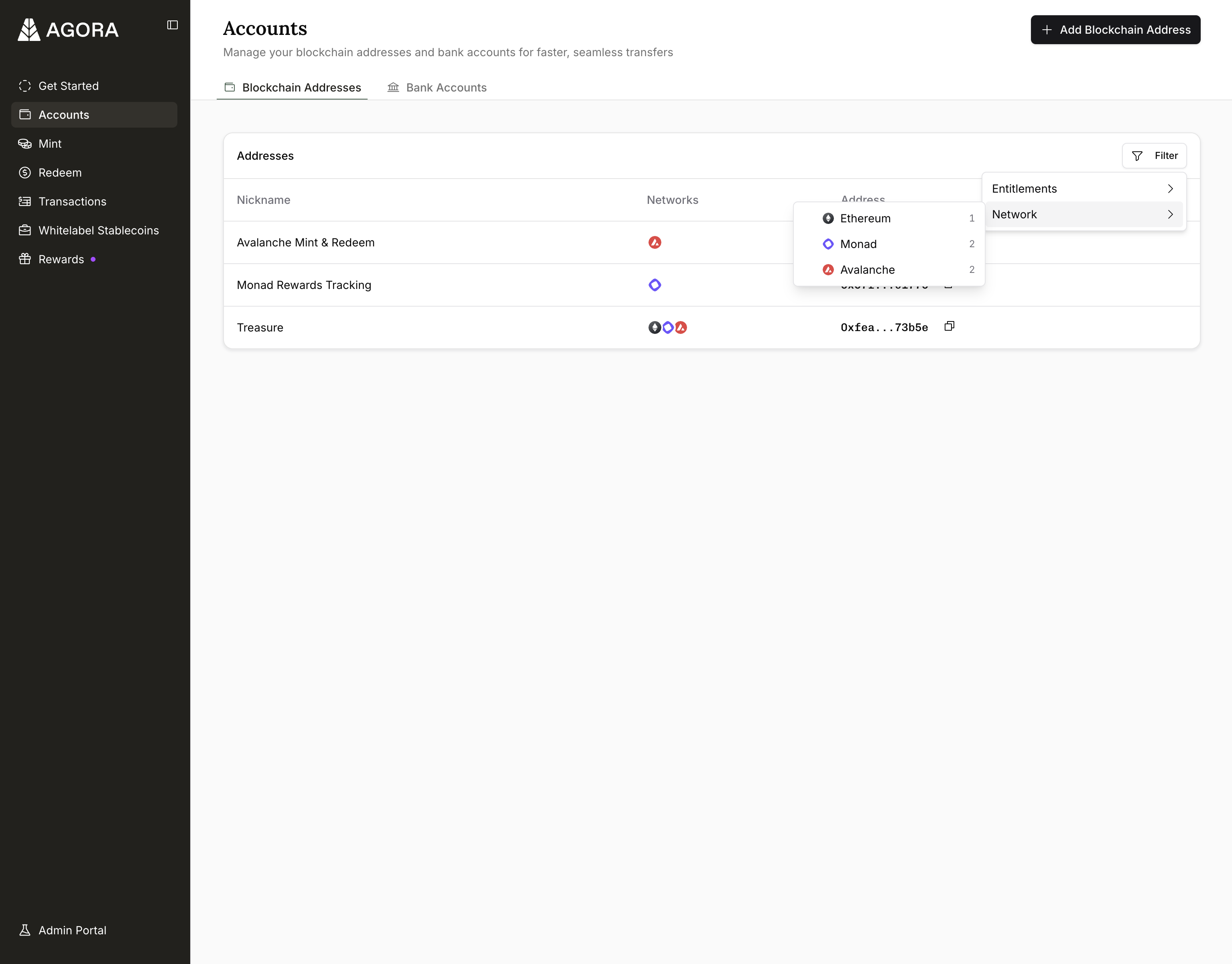 The blockchain address list on the Accounts page with the Filter menu open, offering Entitlements and Network filters, and the Network submenu listing Ethereum, Monad, and Avalanche with a count of matching addresses next to each