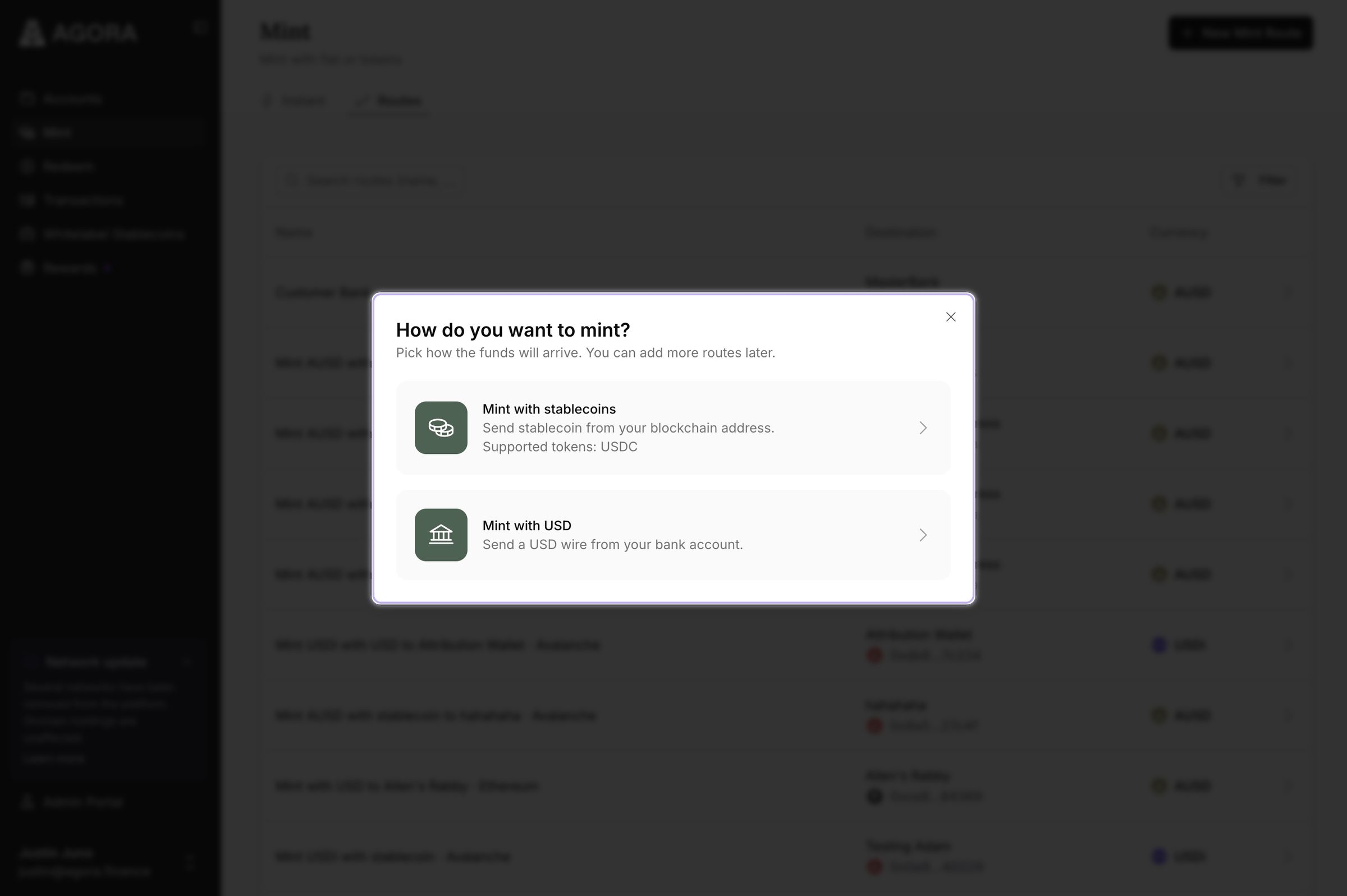 The Mint page in the Agora Platform with the new route dialog open, asking how you want to mint and offering two options: mint with stablecoins or mint with USD by wire