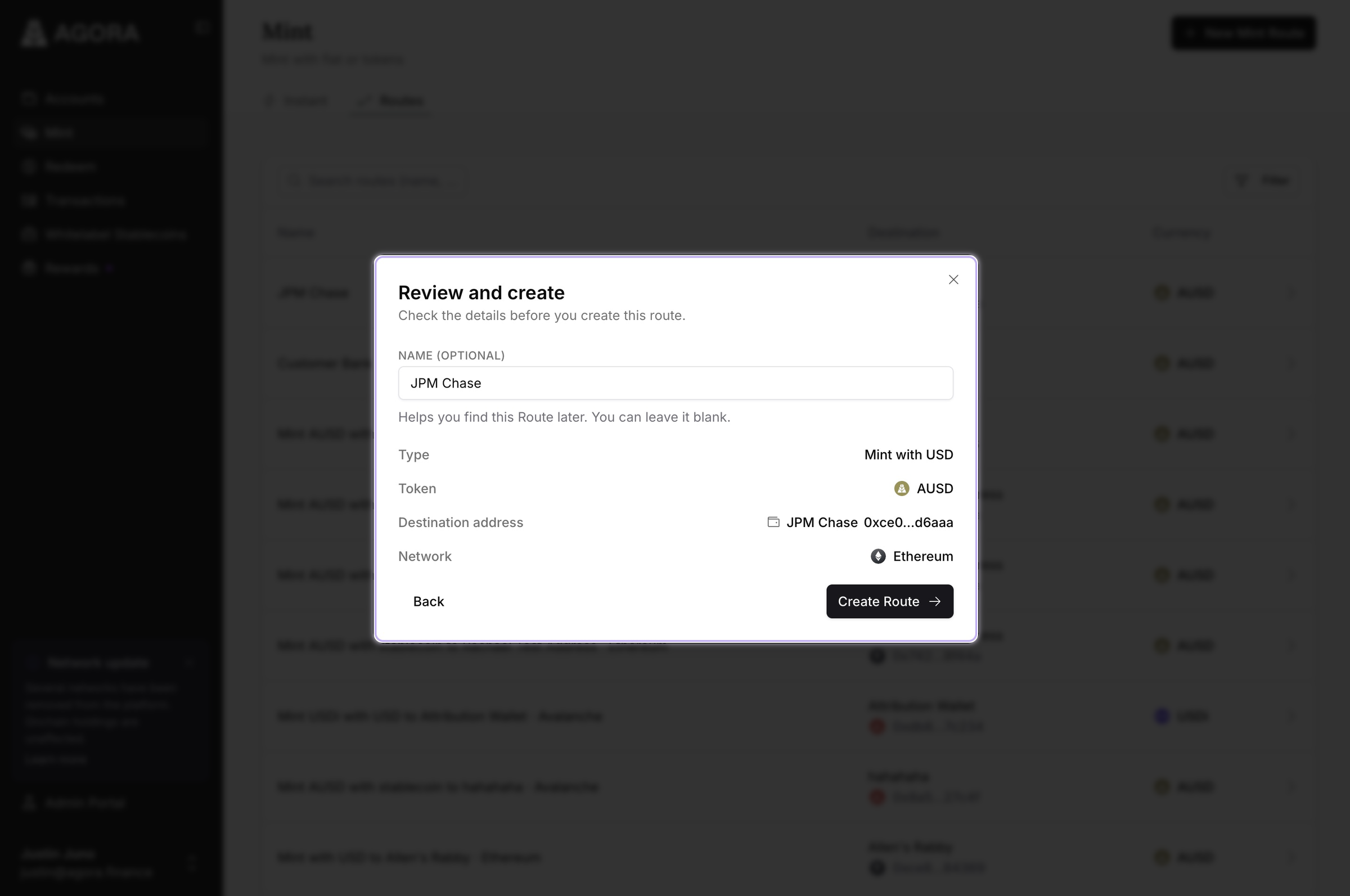 The review step when creating a USD route in the Agora Platform, showing the route name, type, token, destination address, and network before the route is created