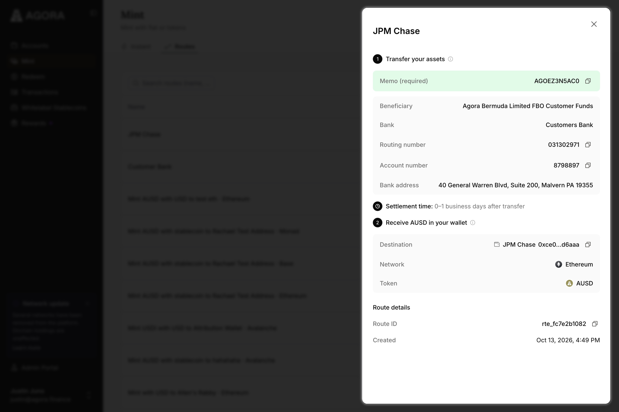 A USD route’s details in the Agora Platform, with the required memo highlighted above the beneficiary, bank, routing number, account number, and bank address for the wire, followed by the destination wallet, network, and token that receive AUSD