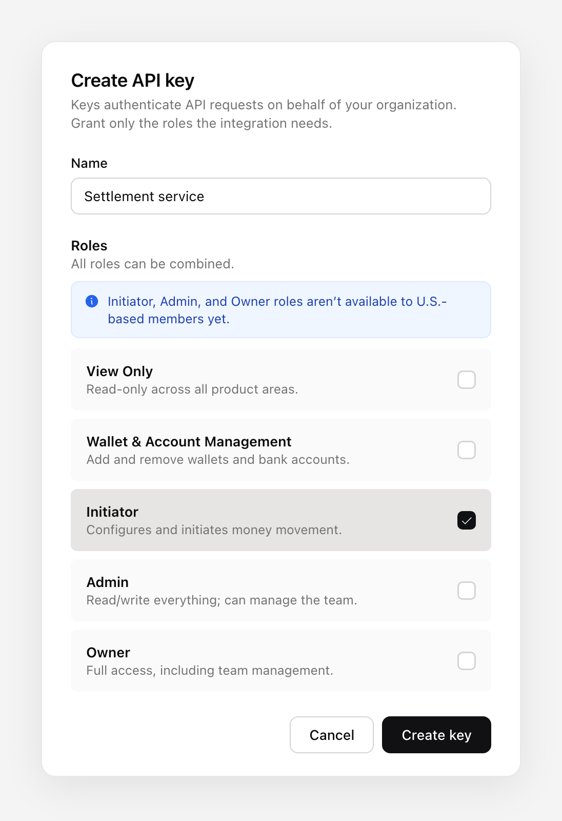 Creating an API key in the Agora Platform, naming the key and selecting the roles it should carry