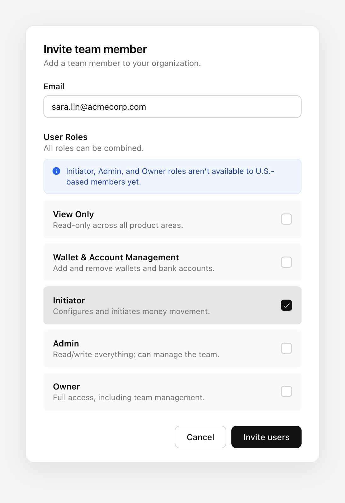 The invite dialog in the Agora Platform, where you enter a teammate’s email and select one or more roles to grant before sending the invitation
