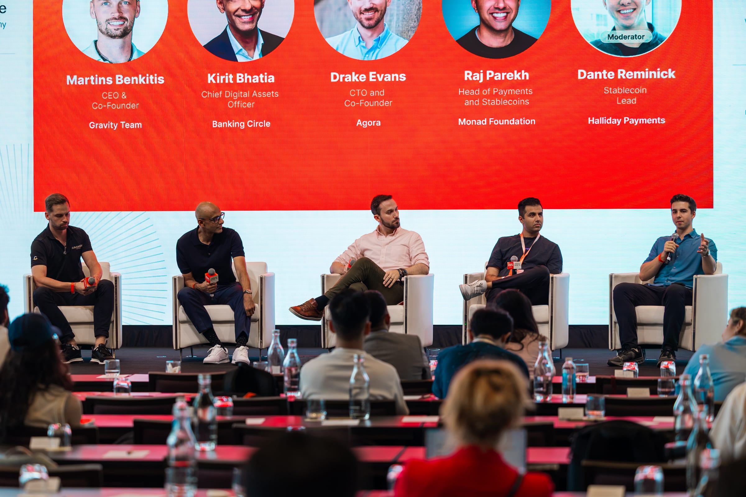 Drake Evans on the Stablecoin Summit panel with speakers from Gravity Team, Banking Circle, Monad Foundation and Halliday Payments